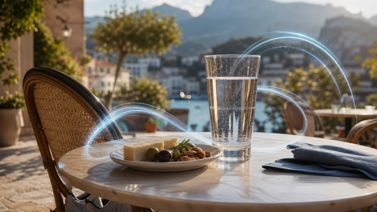 Illustrazione editoriale su tavolo da caffè con bicchiere d'acqua, snack keto e luce mediterranea
