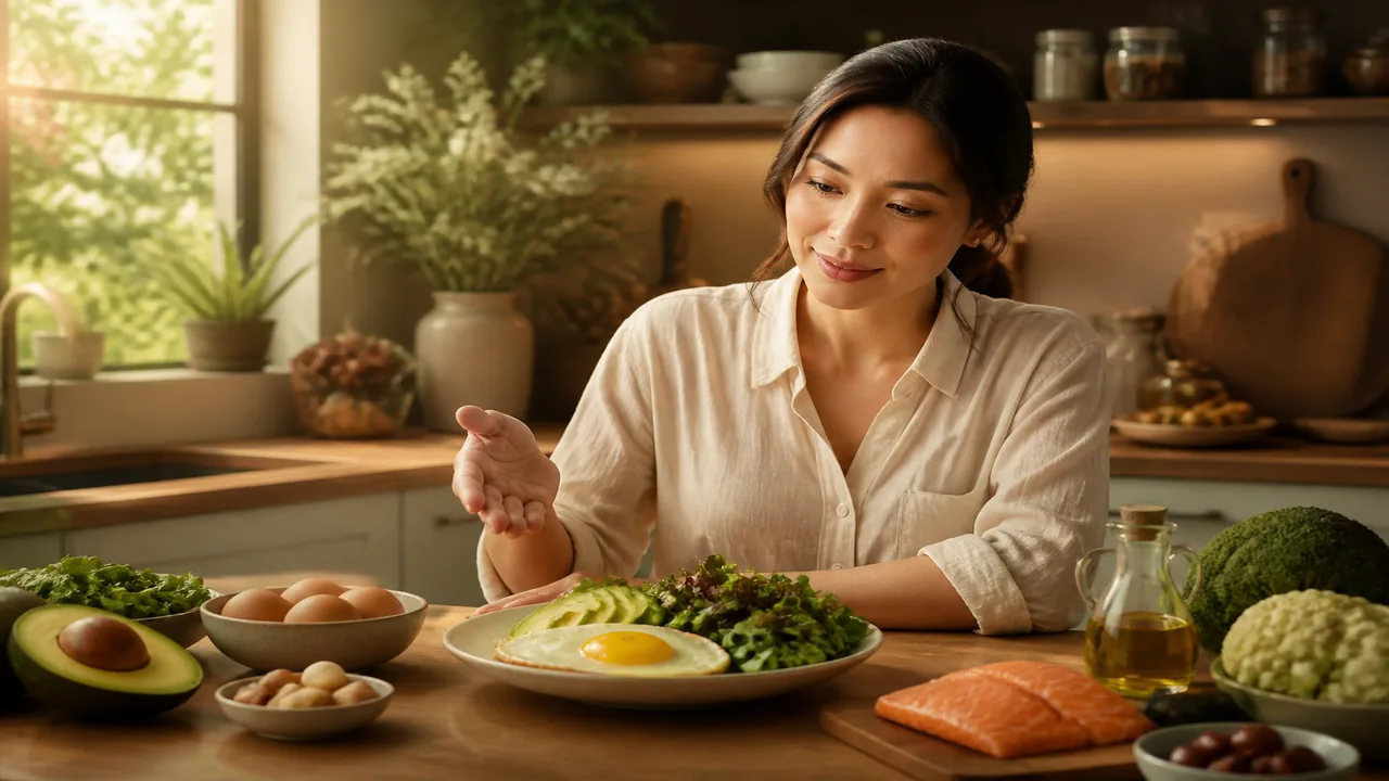 Calm coach-like kitchen scene explaining keto with eggs, avocado, and greens