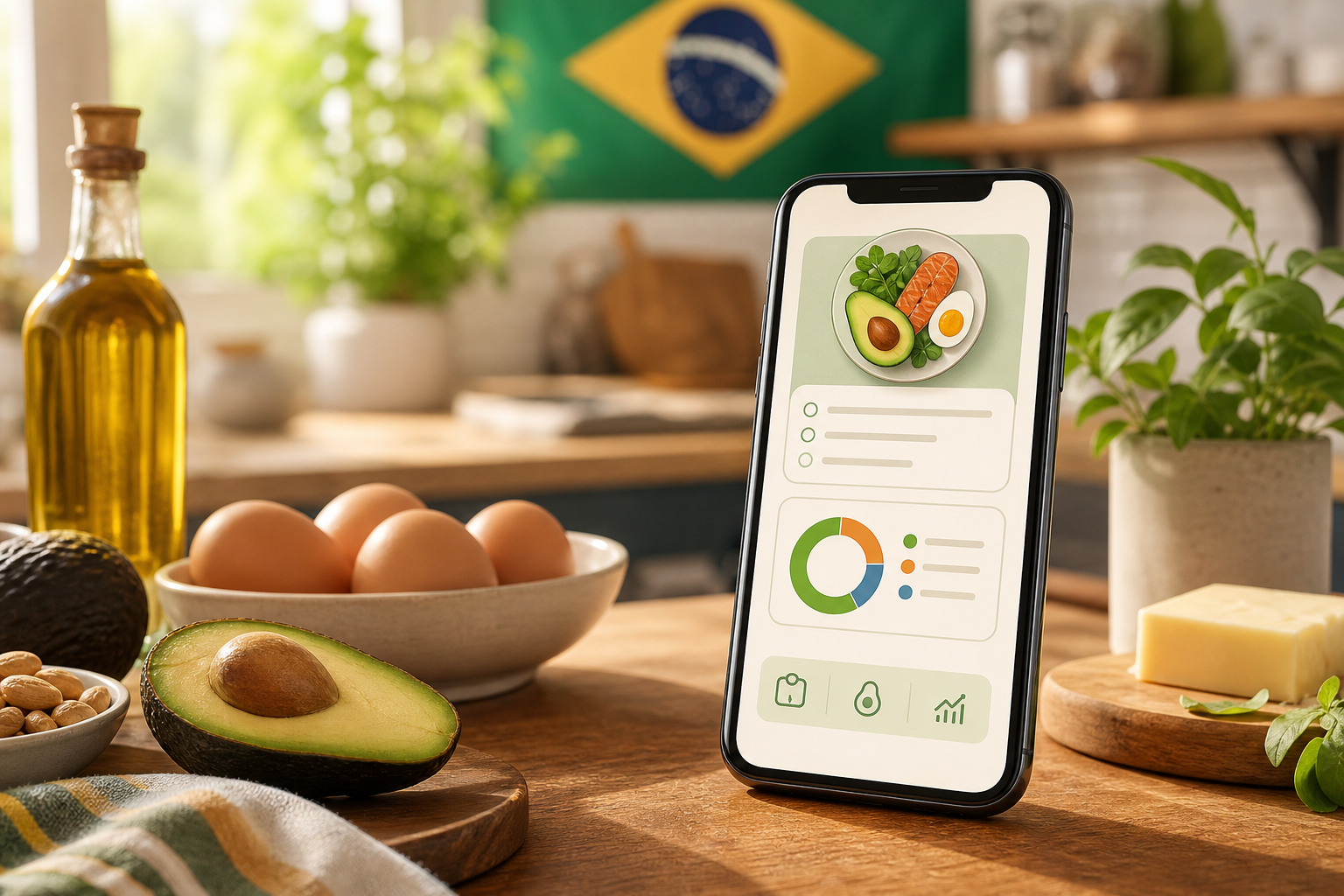 Ilustração editorial de smartphone com ícones de plano alimentar e macros ao lado de copos d'água em cozinha brasileira