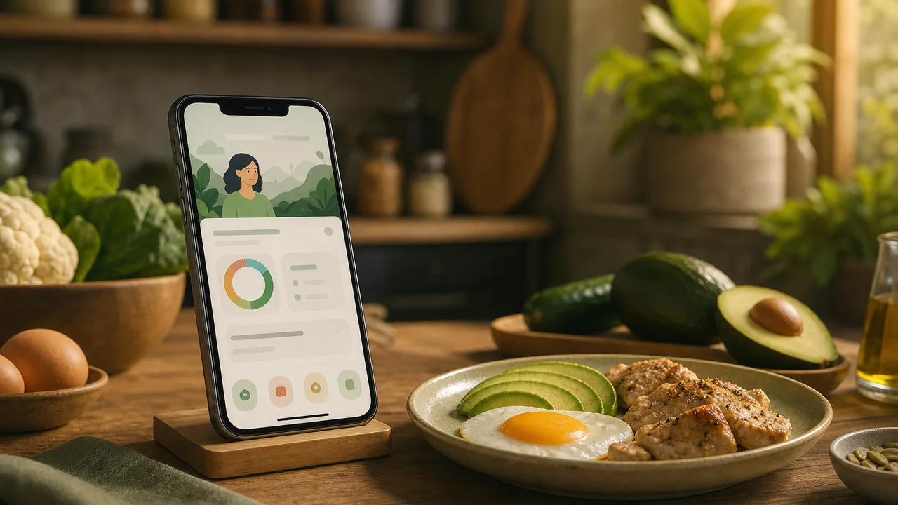 Ilustrasi editorial makanan sederhana dan ponsel dengan panduan aplikasi diet keto pemula