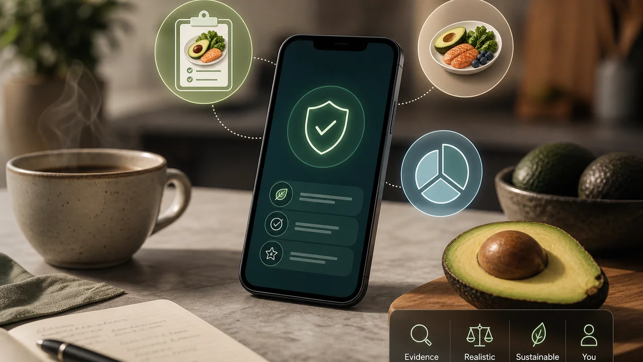 Illustrazione di uno smartphone con icone astratte di piano pasti e macro, senza testo leggibile