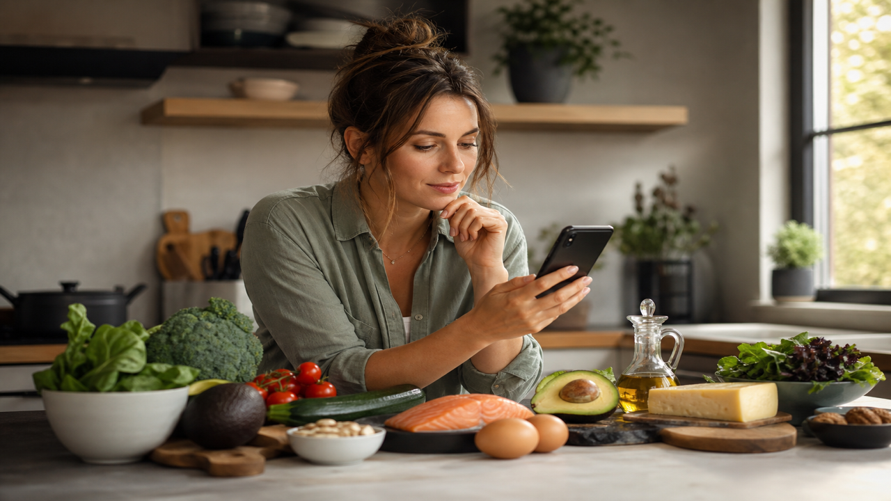 Scène de cuisine calme avec ingrédients low carb et téléphone montrant une interface keto claire