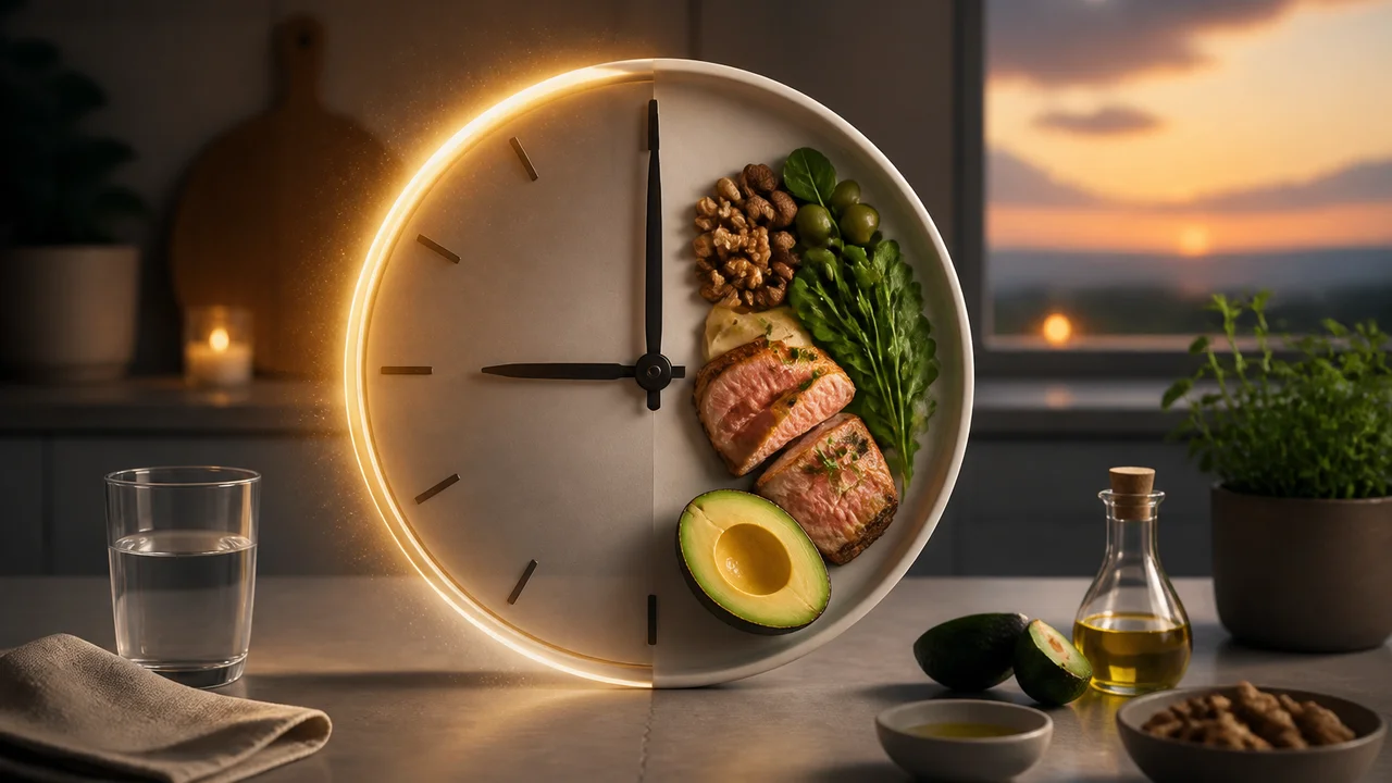 Cinematic illustration of a Turkish keto meal beside a clock showing an eating window on a phone screen