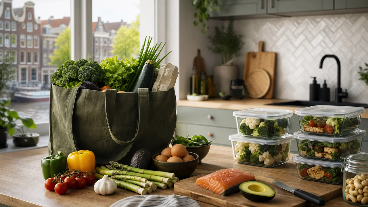 Nederlandse keuken met boodschappentas en mealprep-containers voor een keto weekmenu