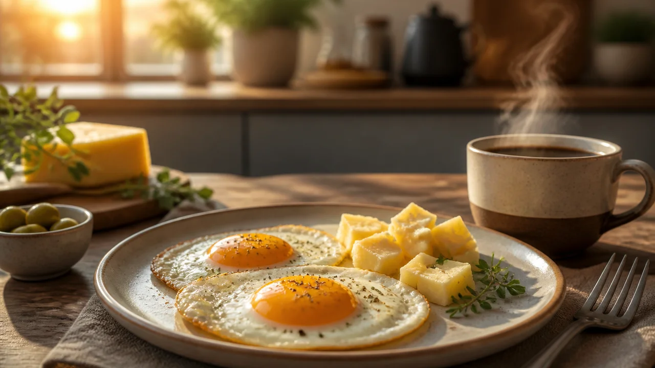 Cinematic illustration of a quick Brazilian keto breakfast with eggs and avocado beside a phone showing morning macros