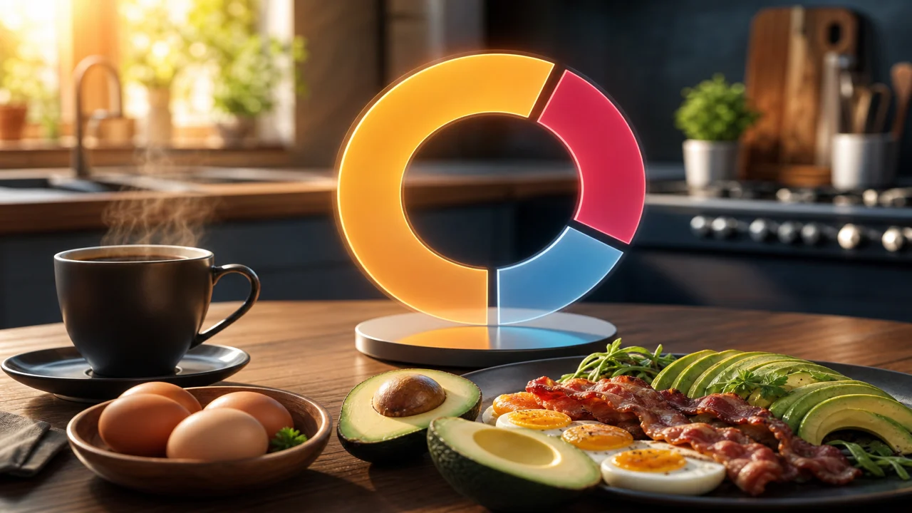 Keukentafel met macro-ring visualisatie naast eieren en avocado in warm ochtendlicht