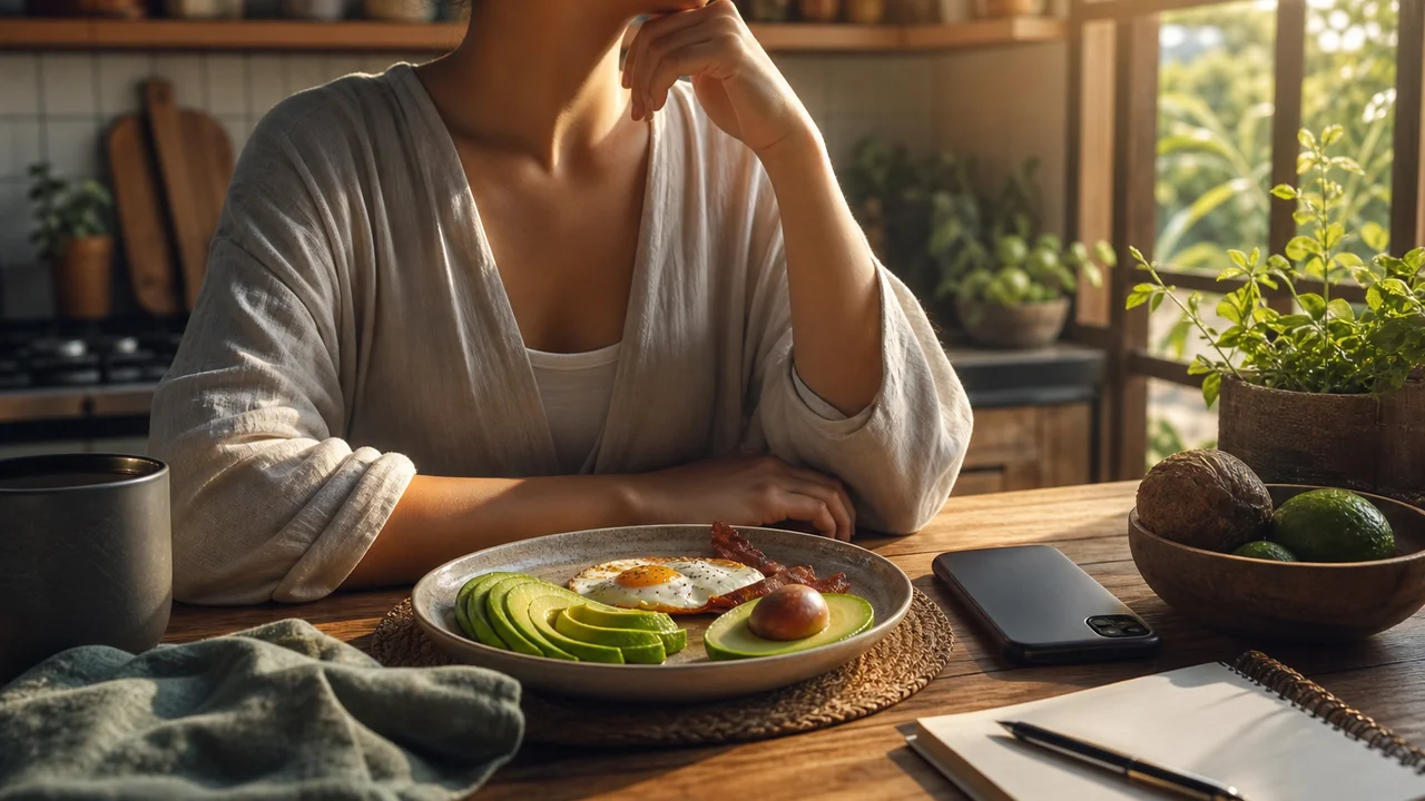 Ilustrasi editorial dapur hangat dengan sarapan rendah karbohidrat dan catatan makan pemula di meja