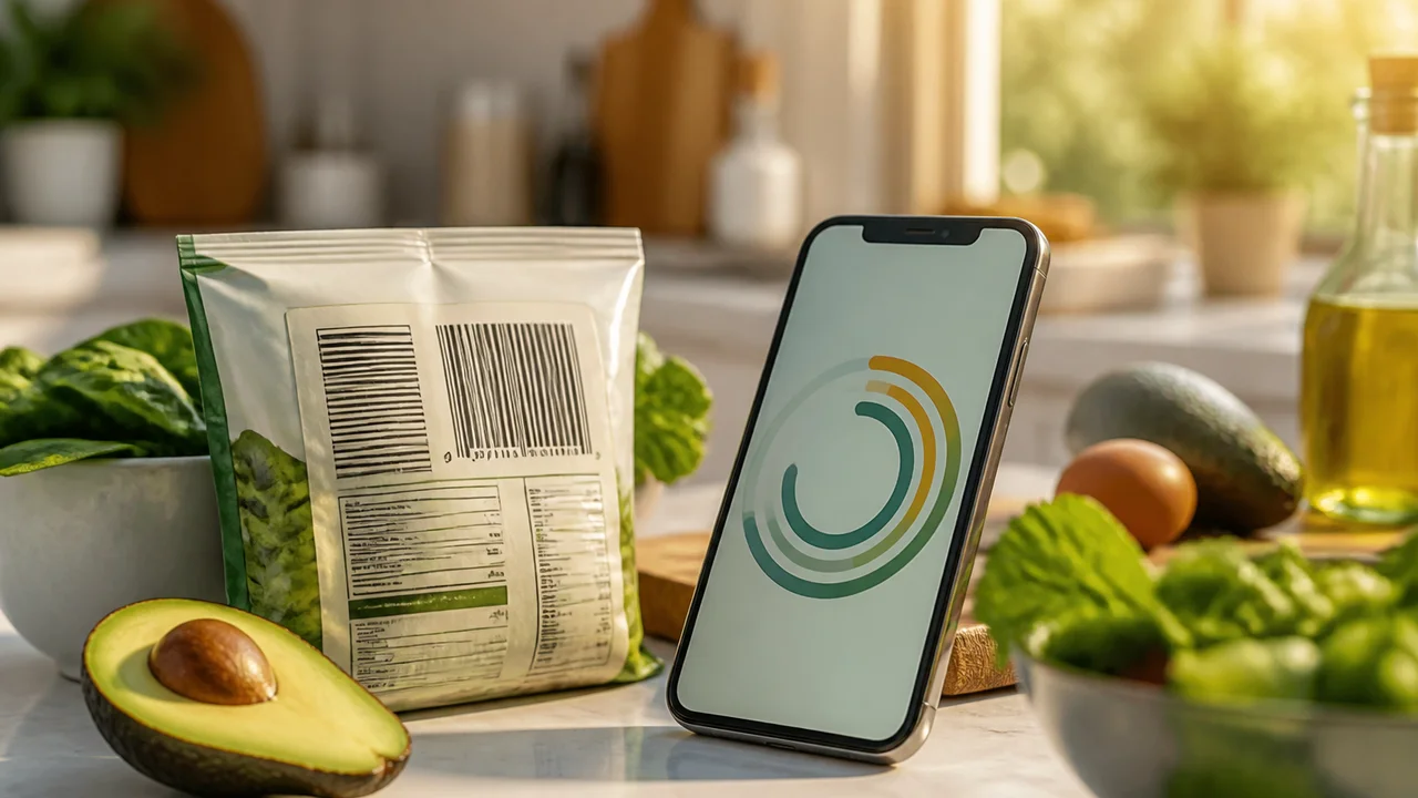 Kitchen counter with packaged food label, avocado, and phone showing editable net carb totals