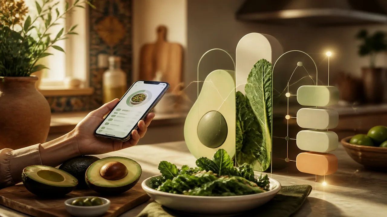 Kitchen counter with avocado, greens, and a soft food-log glow for net carb counting