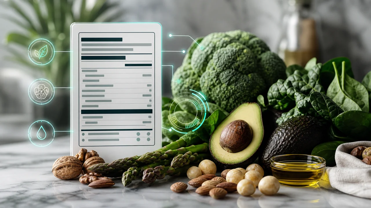 Ilustração editorial de rótulo nutricional estilizado ao lado de vegetais low carb e celular com gráfico de macros