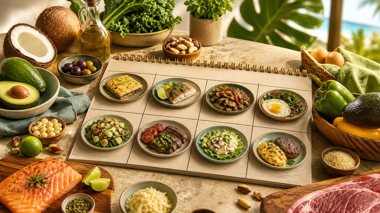 Cinematic illustration of a Brazilian weekly keto meal grid beside tropical groceries on a counter