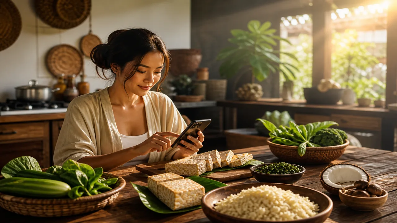 Indonesian kitchen logging local keto foods with tempeh, greens, and a soft journal glow
