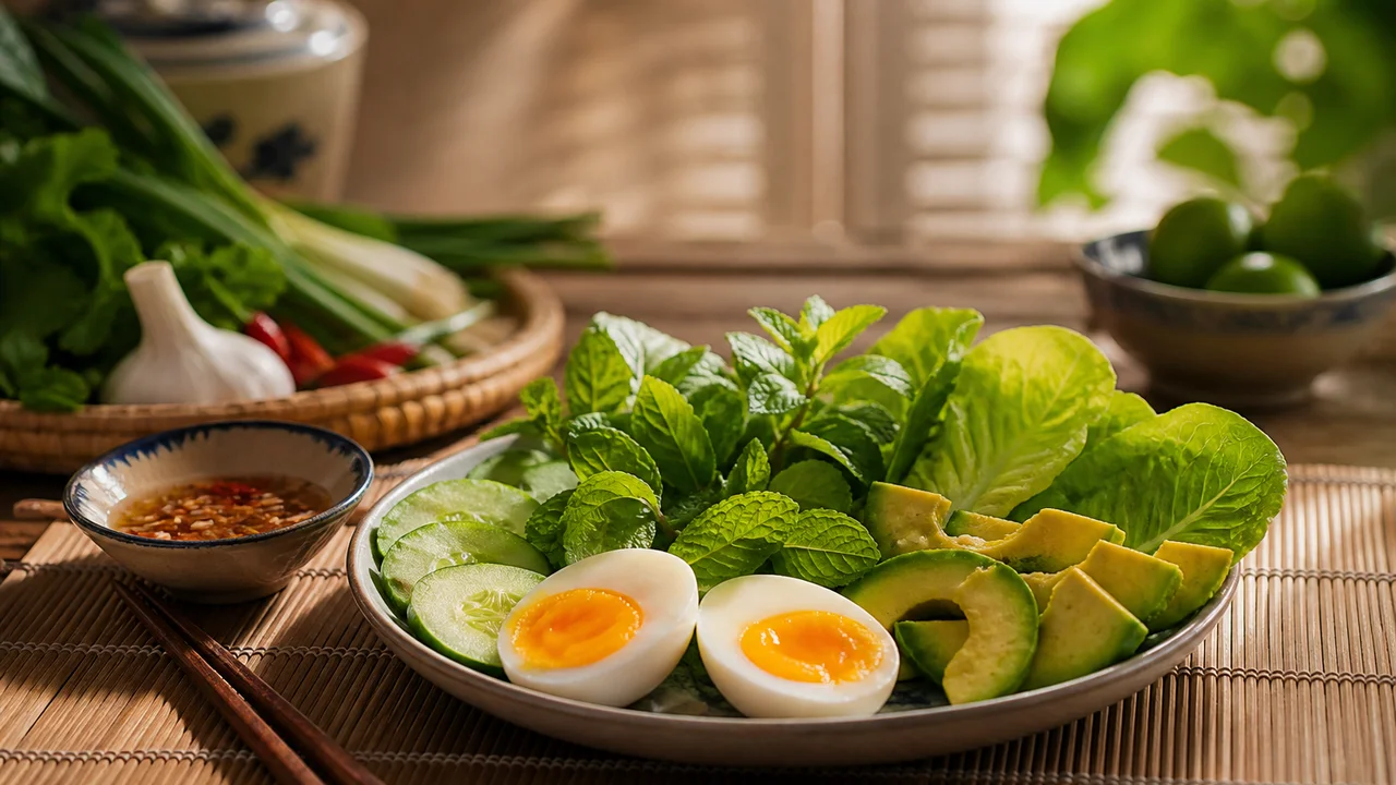 Minh họa chảo trứng bơ và điện thoại hiển thị công thức ăn keto