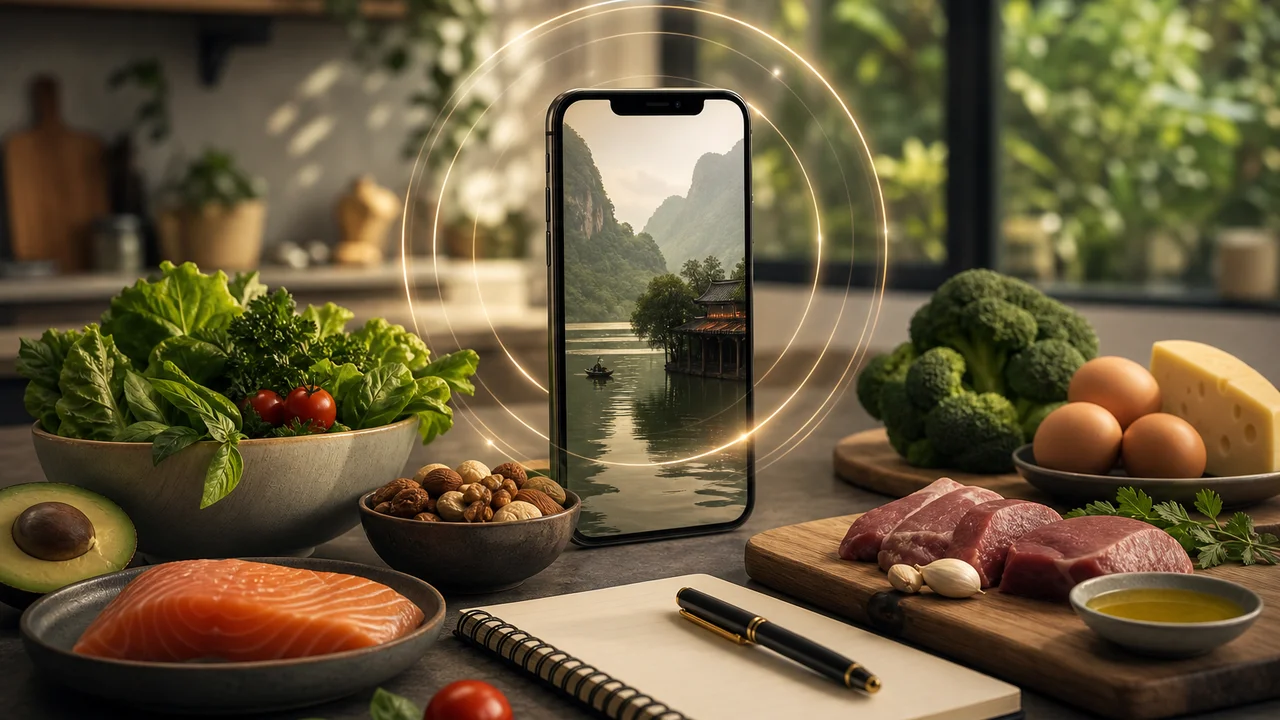 Minh họa điện thoại cạnh bơ trứng với số macro trong cảnh bếp