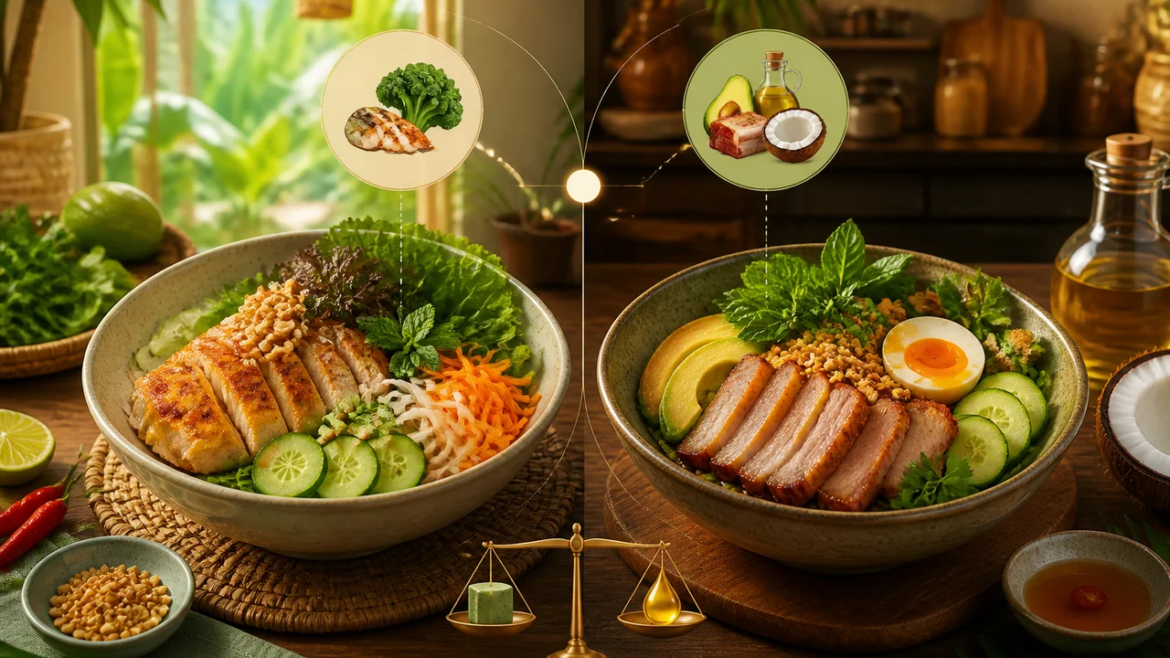 Cinematic illustration of Vietnamese low-carb groceries beside a phone showing net carb targets on Today