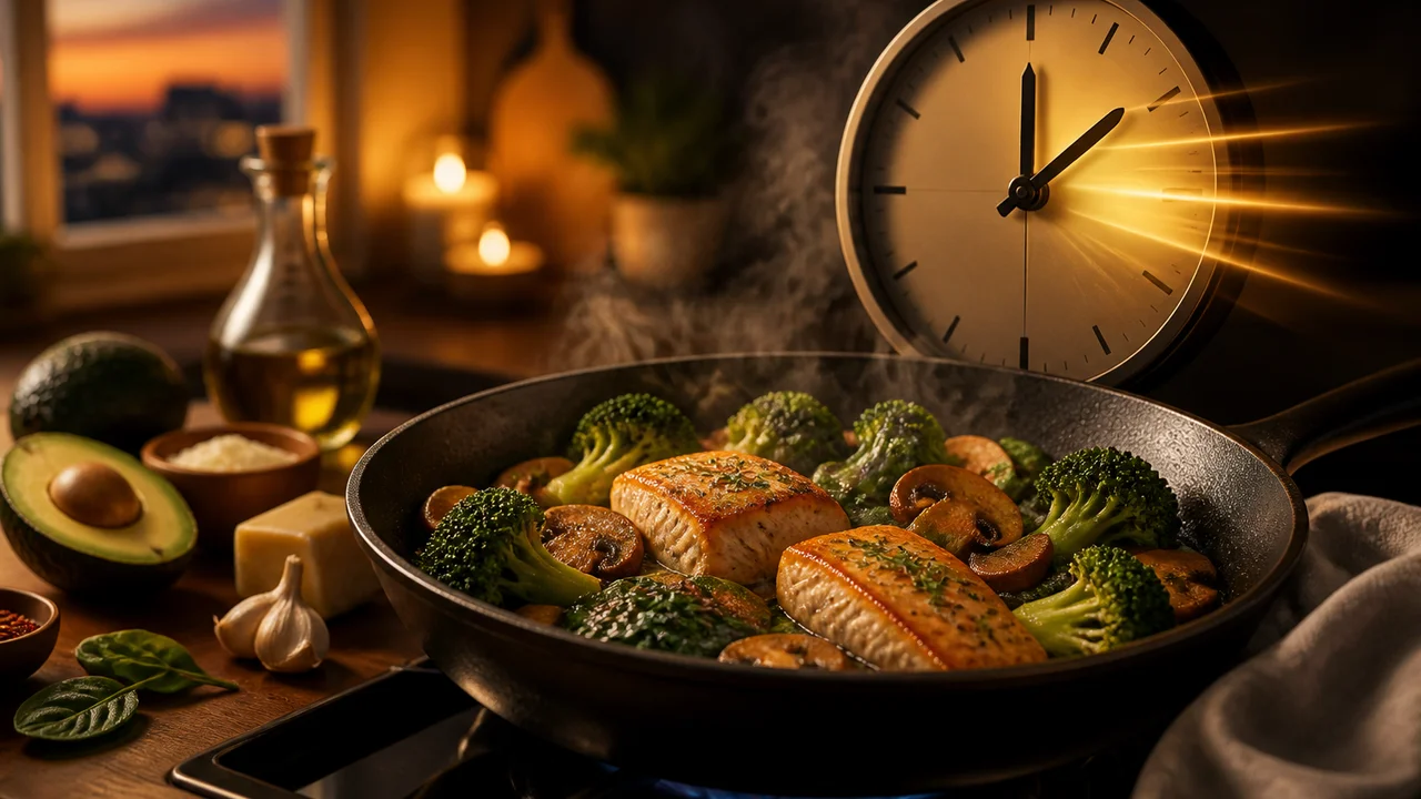Cinematic illustration of a quick Spanish keto dinner plate beside a phone showing dinner slot macros