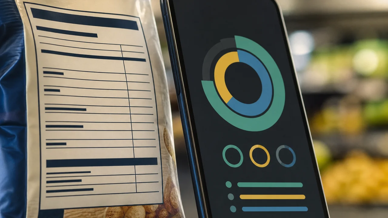 Gros plan sur une étiquette nutritionnelle française à côté d'un téléphone affichant le calcul des glucides nets
