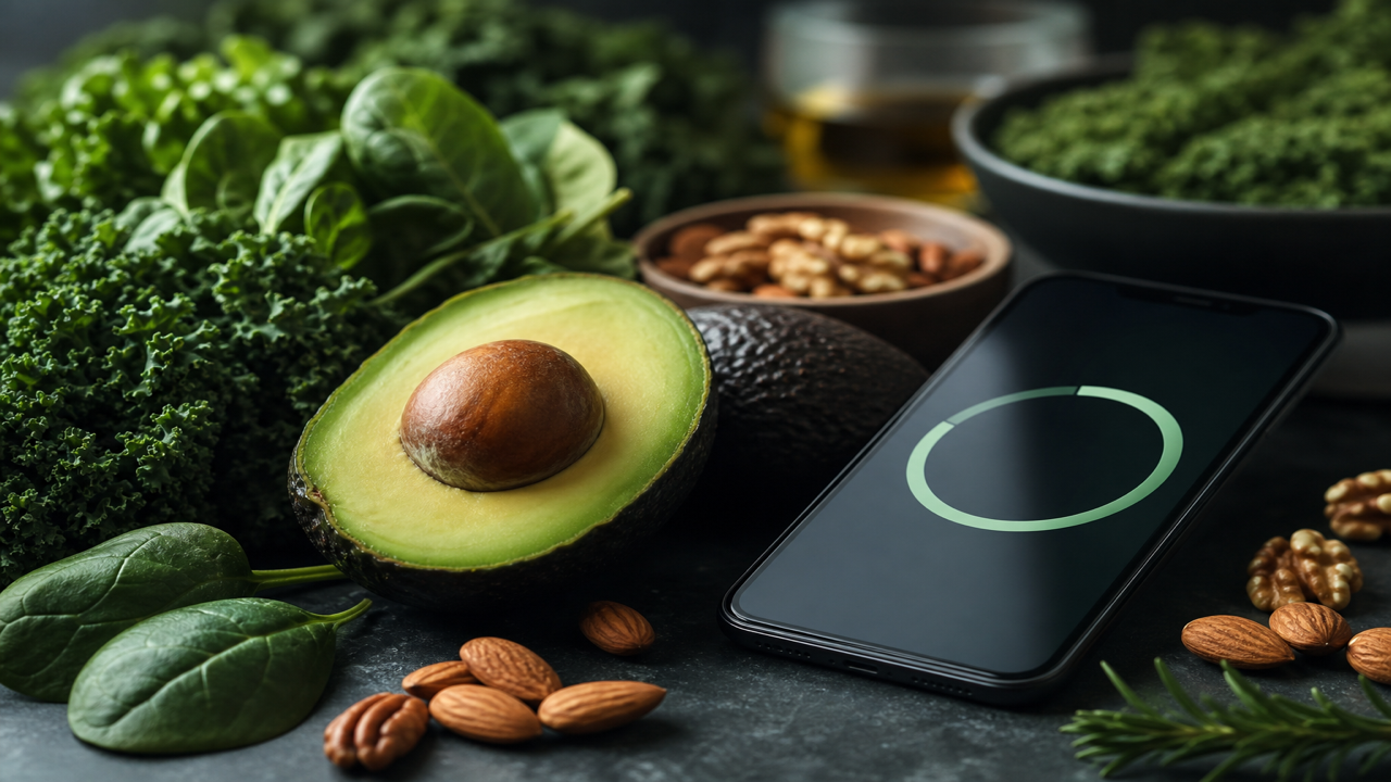 Gros plan sur un téléphone affichant la progression des glucides nets à côté de légumes frais