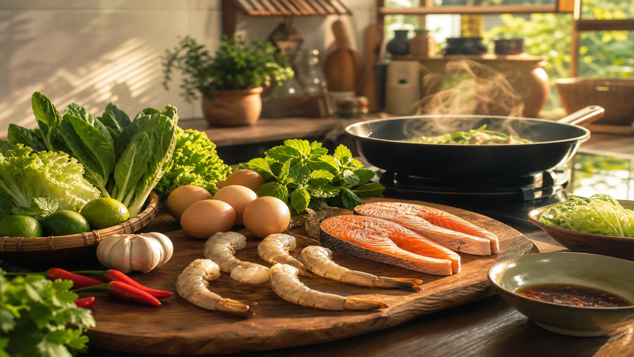 Minh họa bếp Việt với món low carb dễ làm và ánh sáng ấm trên thớt rau củ