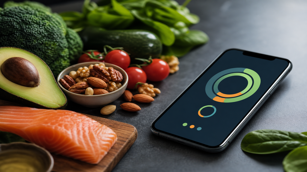 Primer plano de móvil mostrando progreso de carbohidratos netos junto a verduras frescas