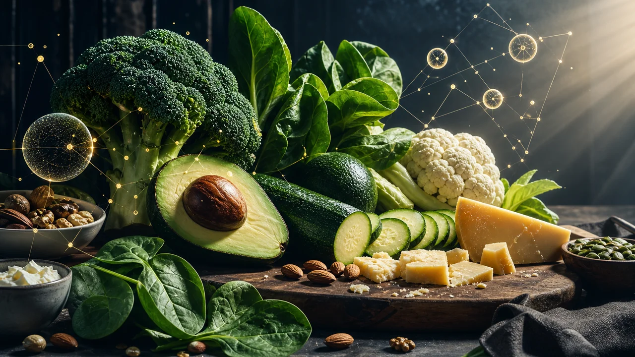 Illustrazione di ingredienti low carb con un alone luminoso che suggerisce il conteggio dei carboidrati netti