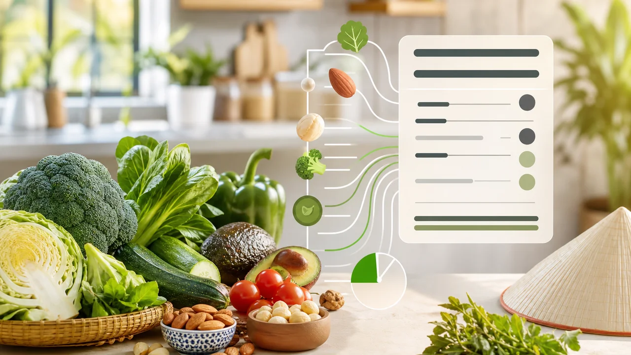 Minh họa nhãn dinh dưỡng cách điệu với rau low carb và biểu đồ macro trên điện thoại