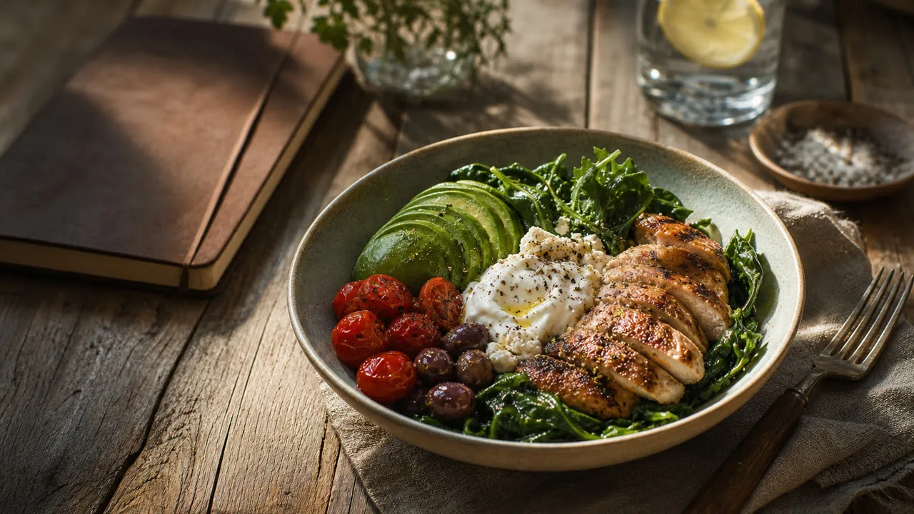 Móvil junto a un plato low carb con números de macros visibles en pantalla