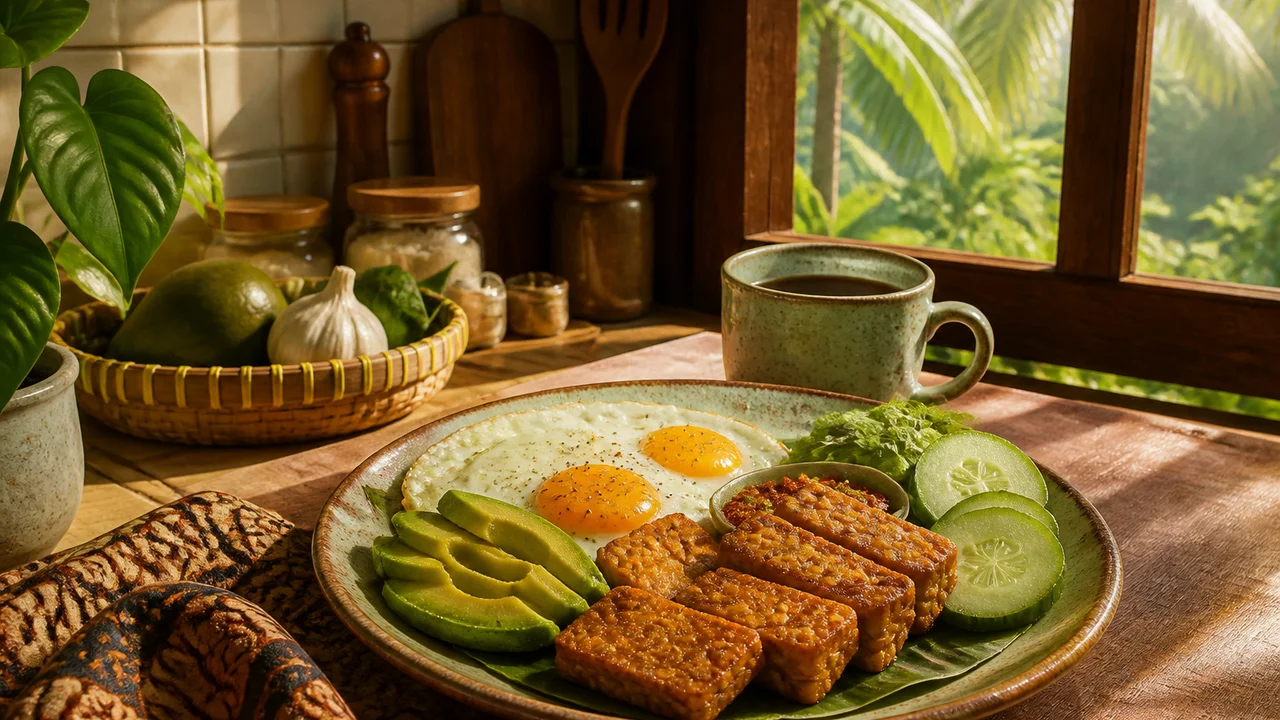 Cinematic illustration of an Indonesian beginner keto breakfast with tempeh beside a phone showing daily macro rings
