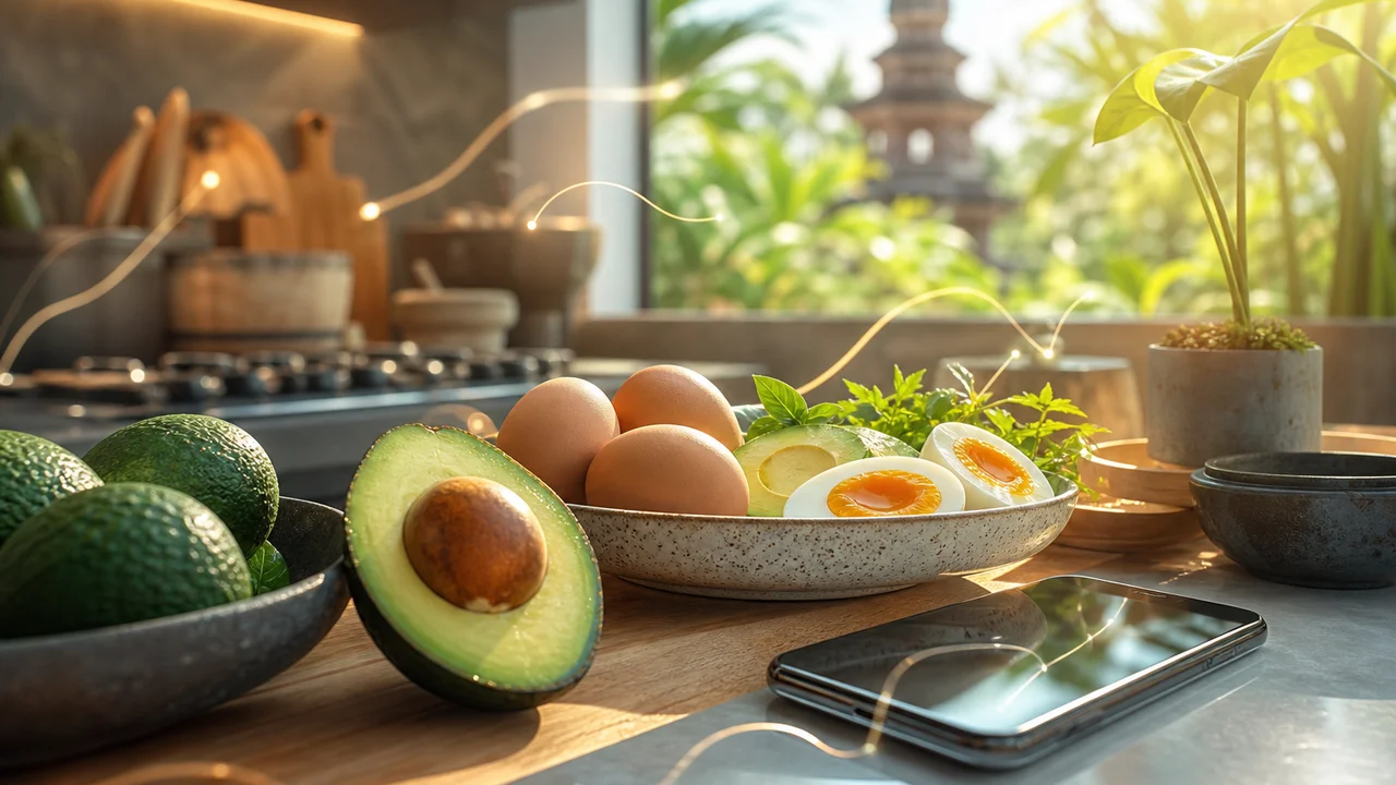 Ilustrasi editorial ponsel di samping alpukat dan telur dengan angka makro di dapur