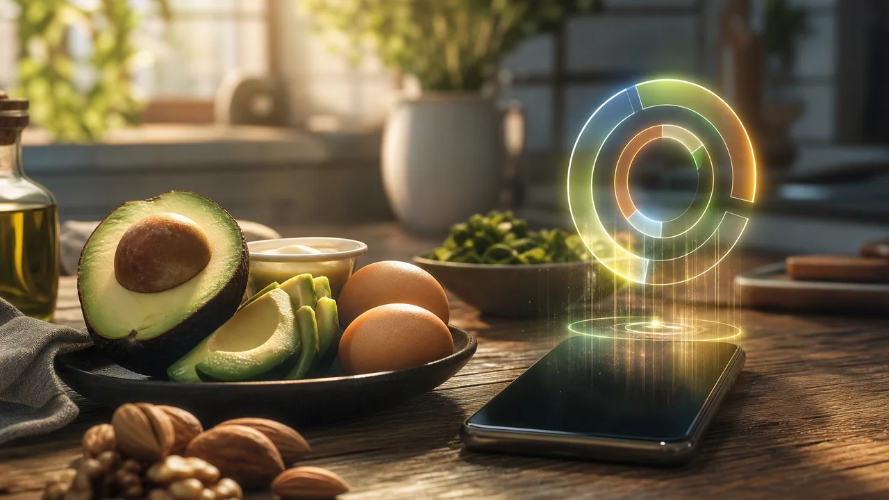 Ilustração editorial de celular ao lado de abacate e ovos com números de macros suaves na cena de cozinha