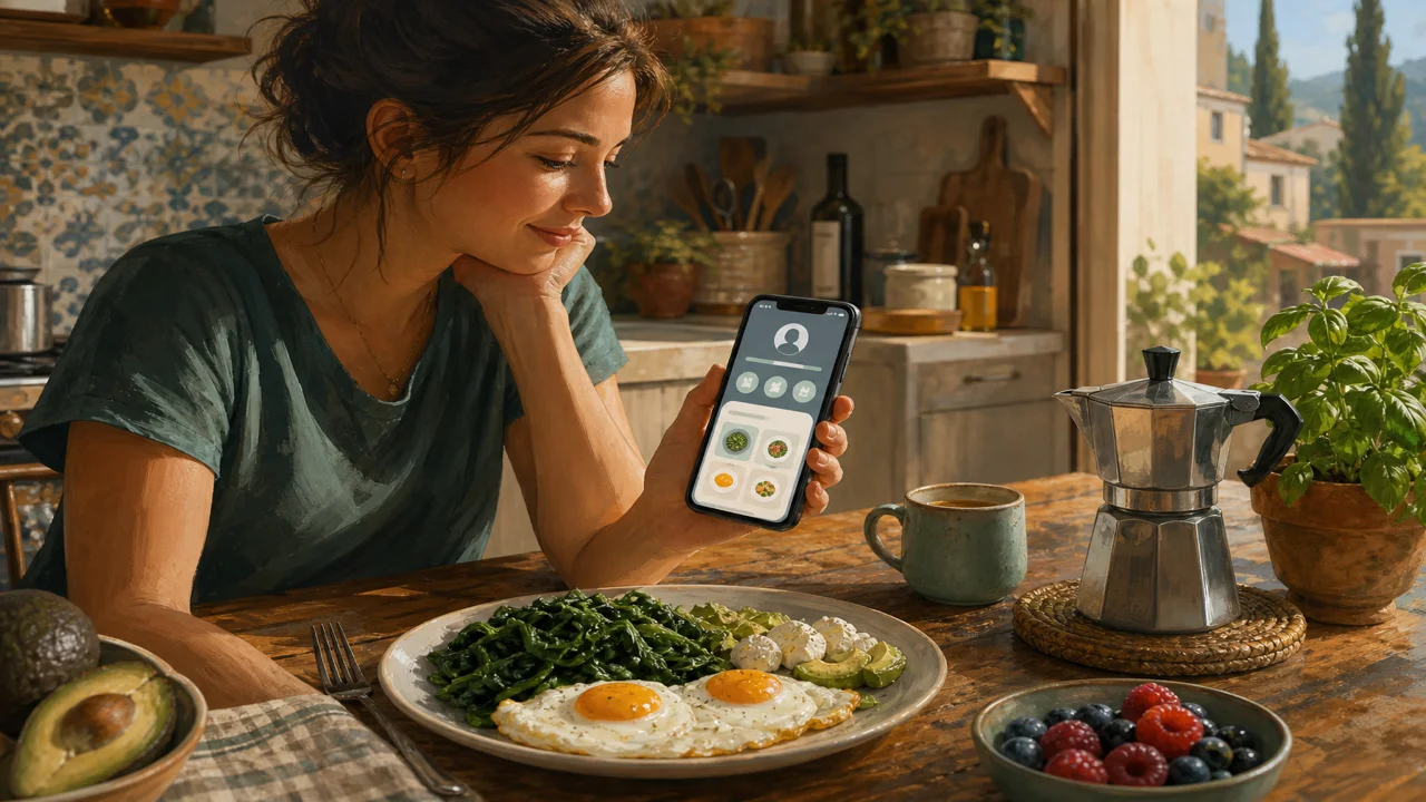 Illustrazione editoriale di un principiante in cucina con telefono che mostra onboarding keto e slot pasti giornalieri