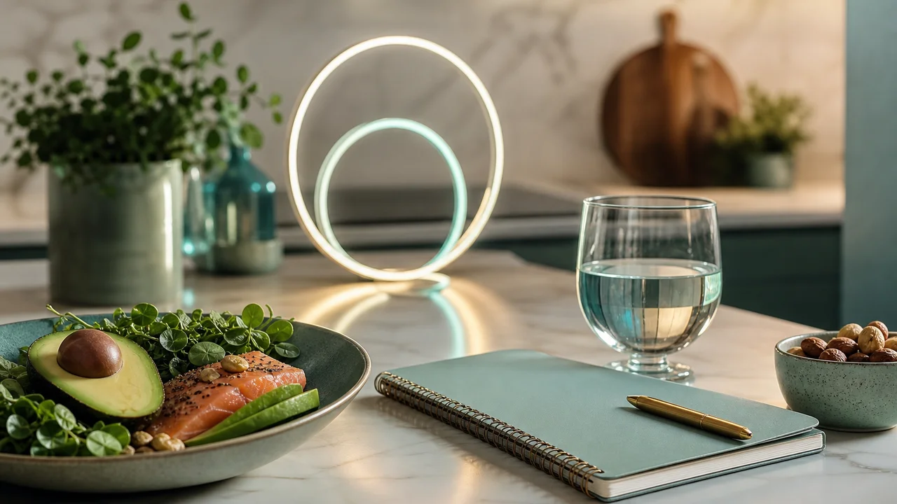 Illustrazione di un diario alimentare keto con anelli macro e bicchiere d'acqua su uno sfondo da cucina