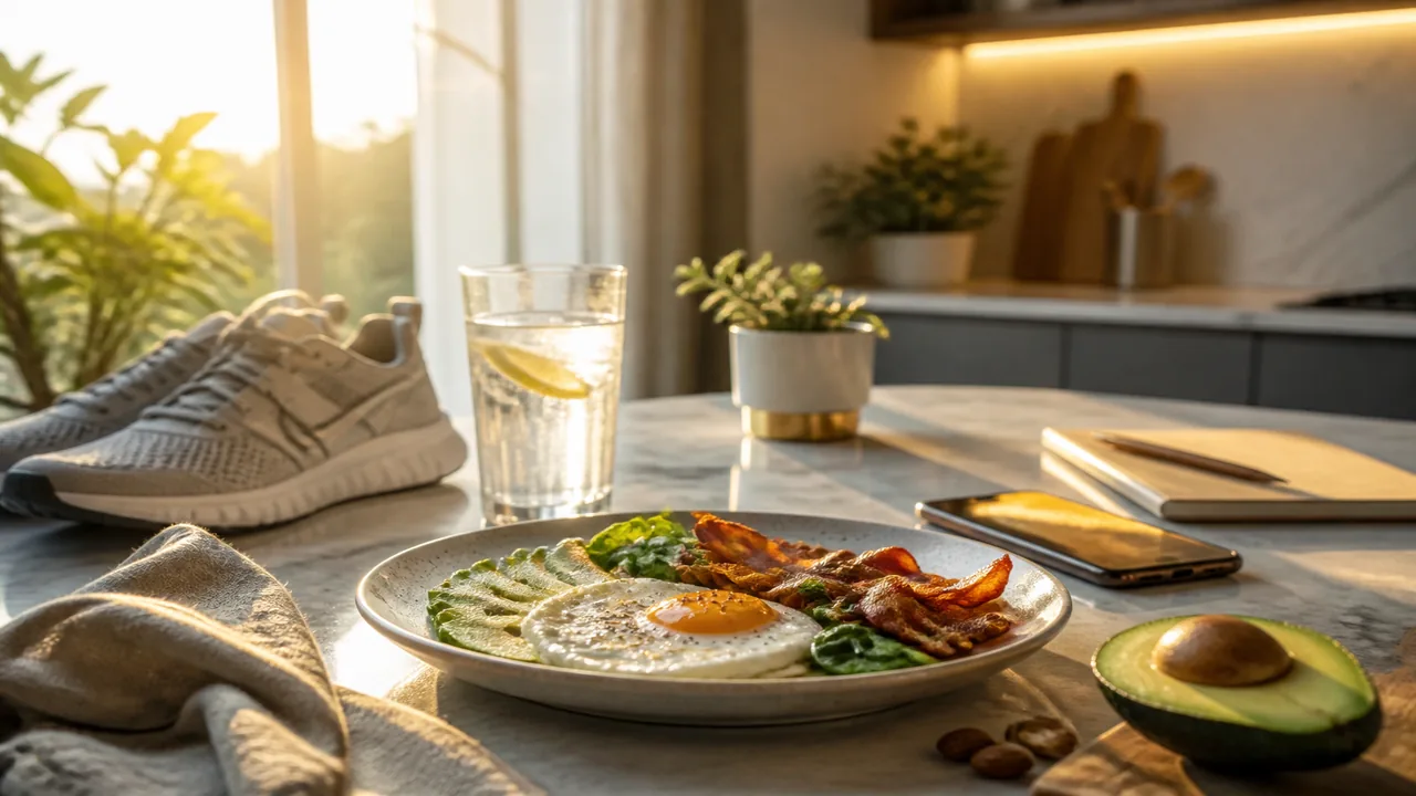 Calm beginner keto morning with breakfast plate, water glass, and day planner glow