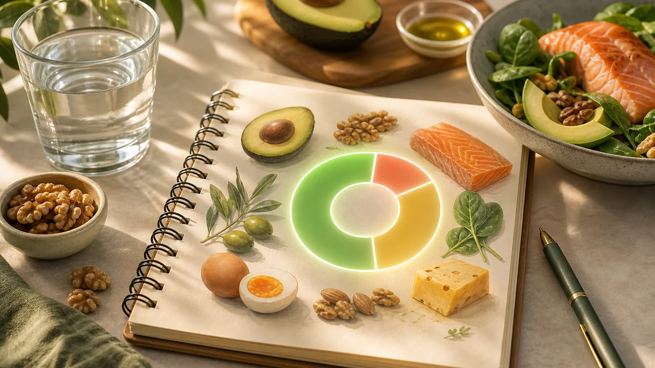 Ilustracja dziennika keto z pierścieniami makro i szklanką wody w kuchennym otoczeniu