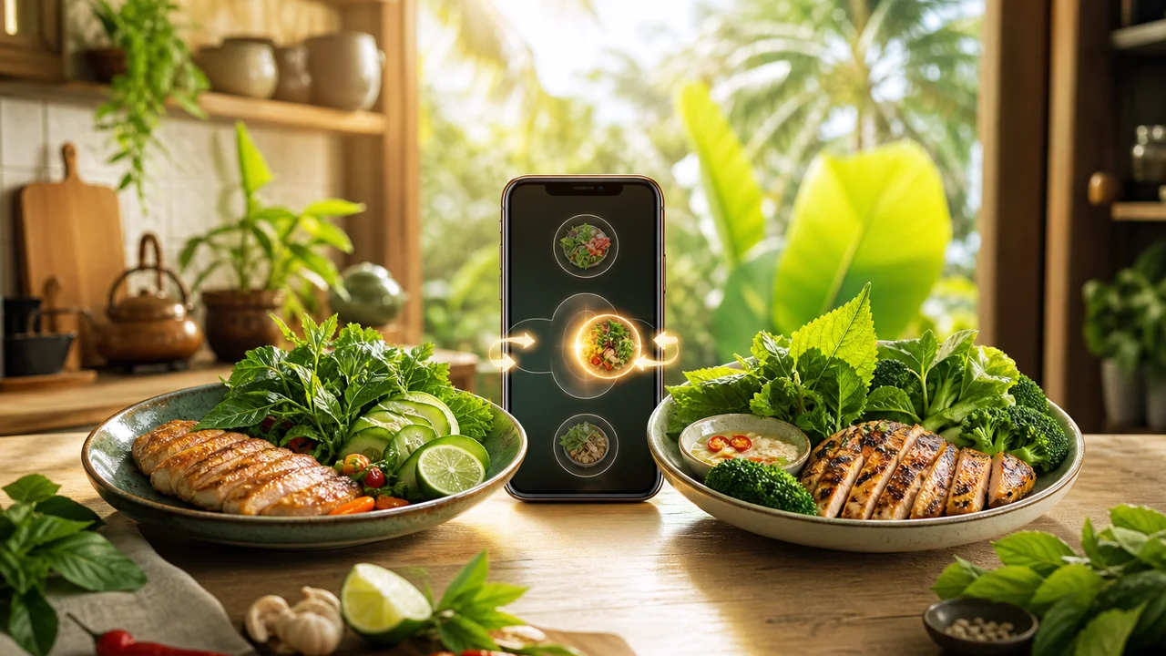 Minh họa biên tập điện thoại hiển thị kế hoạch keto và đĩa thay thế bữa ăn cạnh nguyên liệu low carb Việt Nam