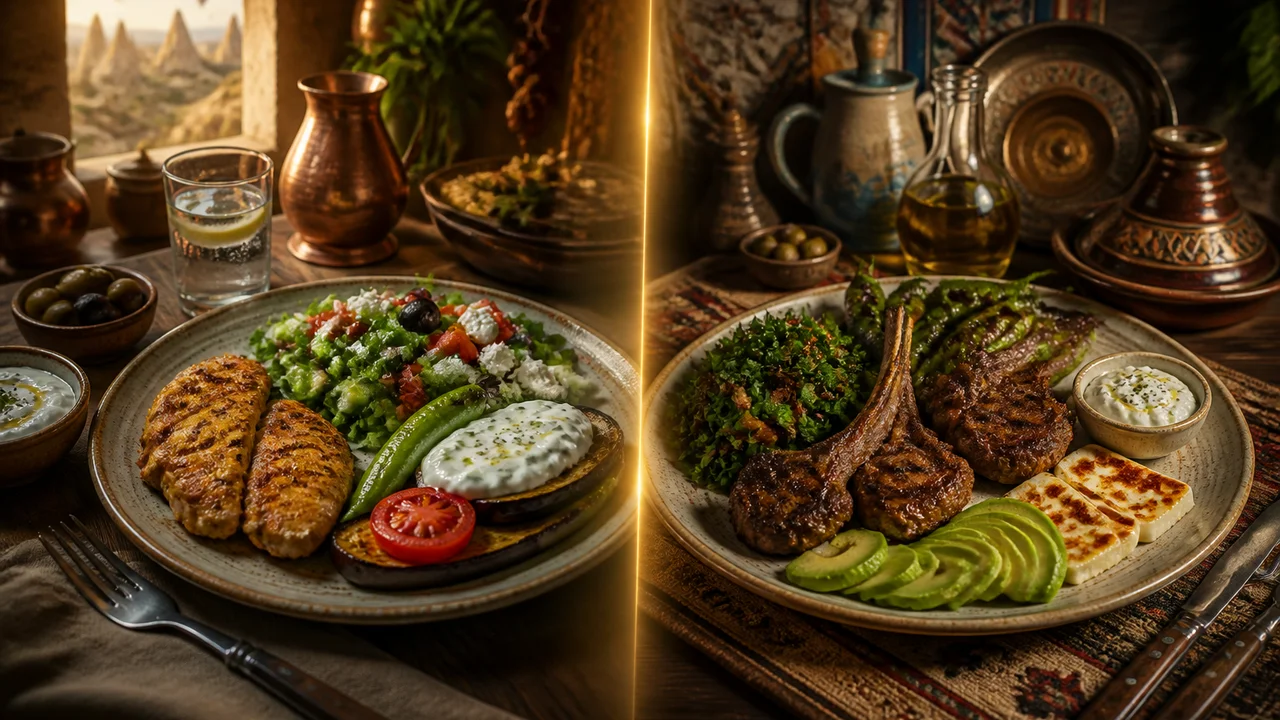 Cinematic illustration of a Turkish low-carb lunch plate beside a phone showing daily net carb targets