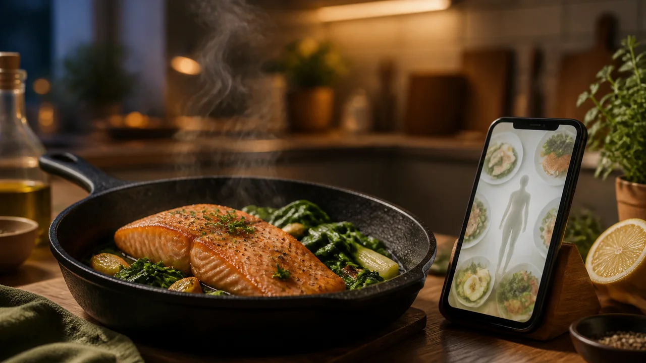 Cast-iron skillet with seared salmon and greens beside a phone showing a daily meal plan slot