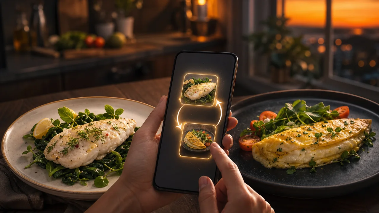 Scène de cuisine éditoriale avec deux assiettes keto et un téléphone montrant l'échange de repas sur le plan hebdomadaire