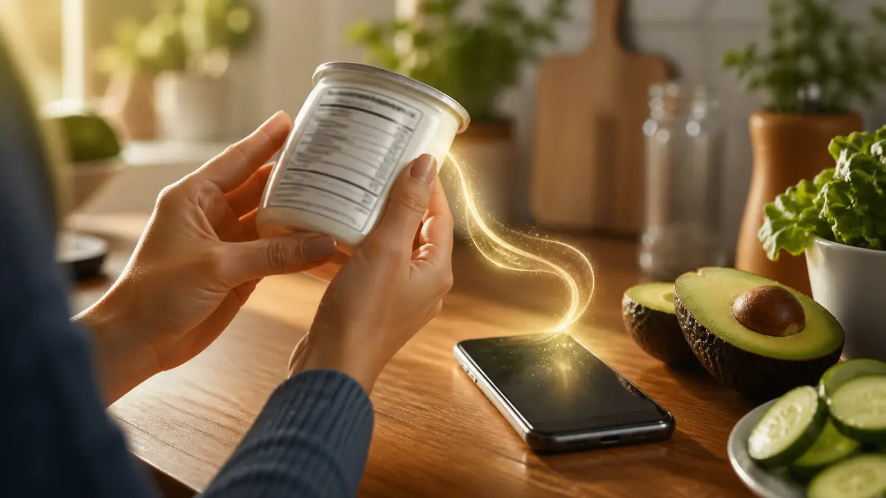 Editorial illustration of hands correcting a food label beside a phone food log with soft kitchen light and avocado