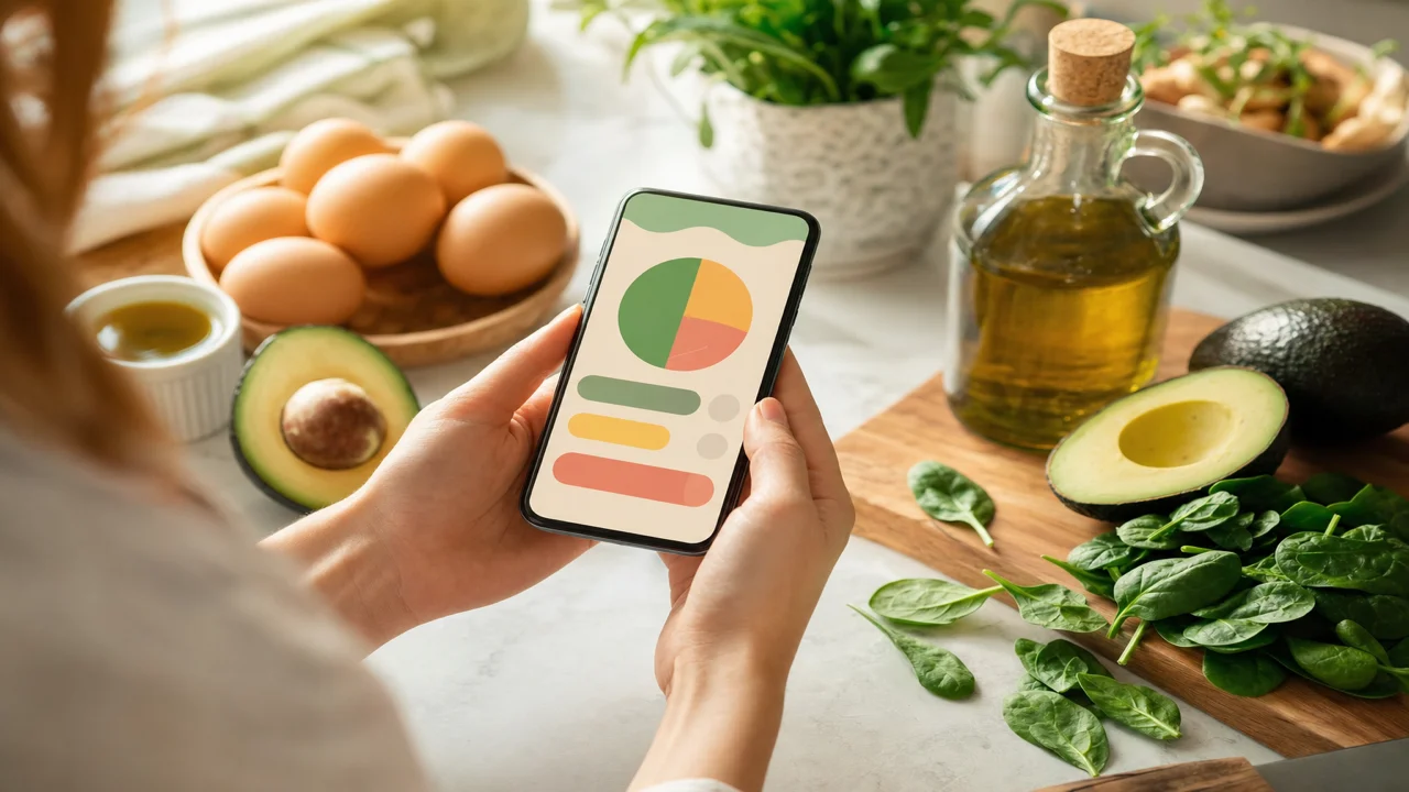 Editorial illustration of hands logging a keto lunch on a phone with avocado eggs and leafy greens on the counter