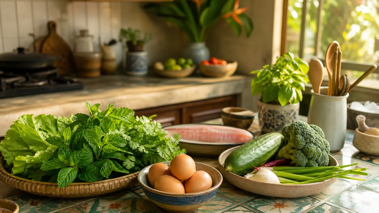 Minh họa biên tập bàn bếp với đĩa keto cho người mới và điện thoại gợi ý kế hoạch bữa ăn