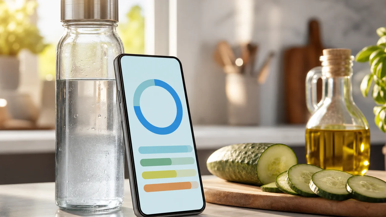 Ilustración cinematográfica de una botella de agua y un móvil con progreso de hidratación junto al plan keto del día