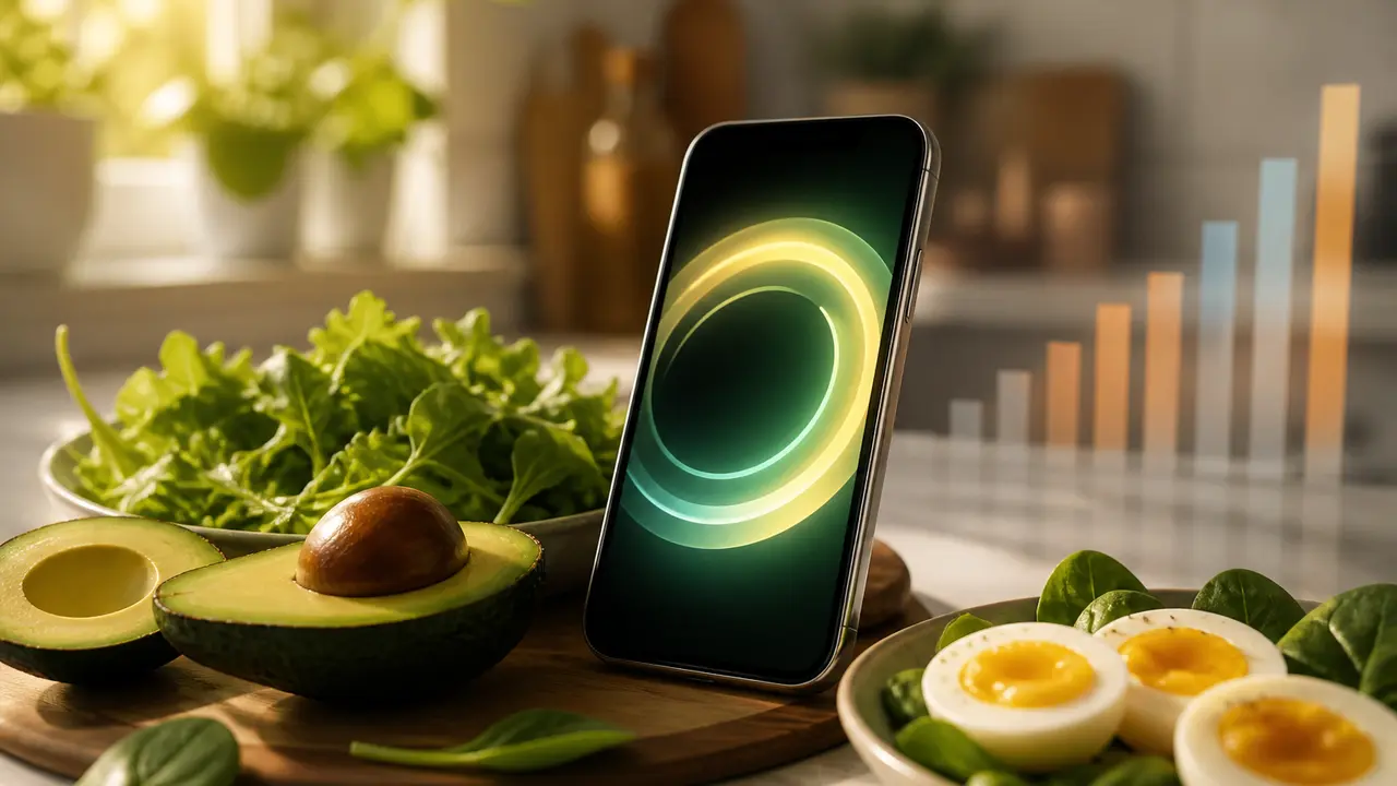 Cinematic kitchen scene with avocado, eggs, leafy greens and a phone showing soft net-carb progress beside a blurred calorie chart