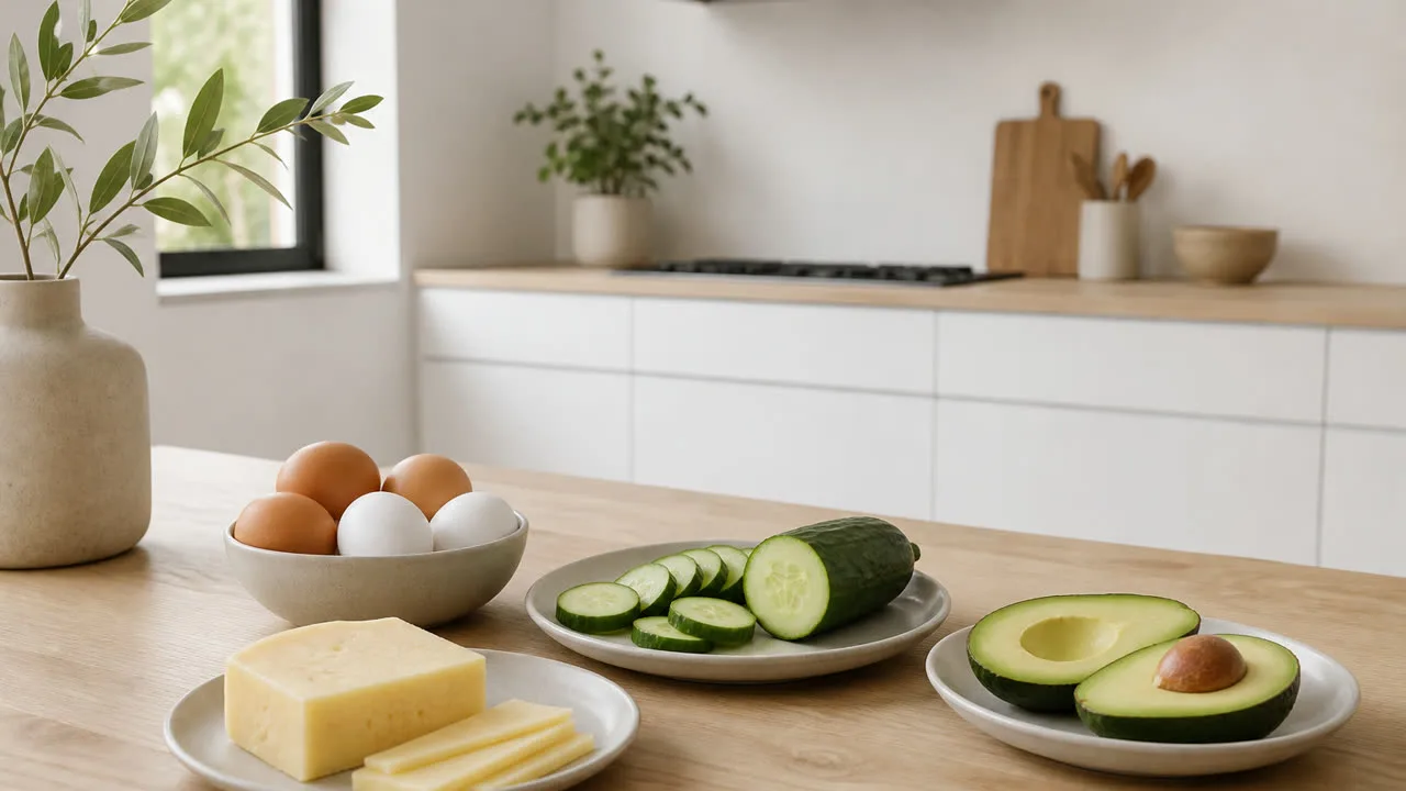 Illustratie van eenvoudige keto ontbijtproducten naast een telefoon met een beginnersoverzicht