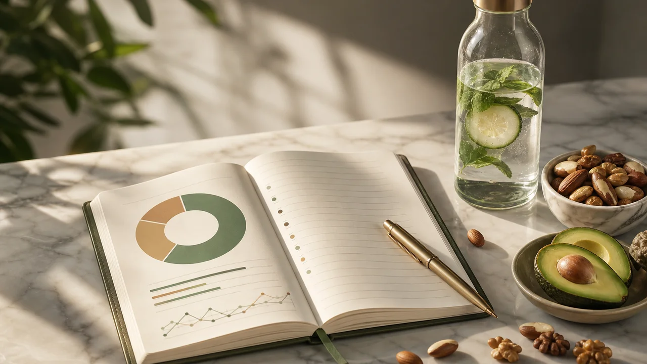 Illustratie van een keto dagboek met macroringen en een waterglas in keukenomgeving