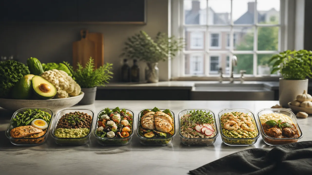 Seven small meal-prep bowls planned for a calm keto week menu
