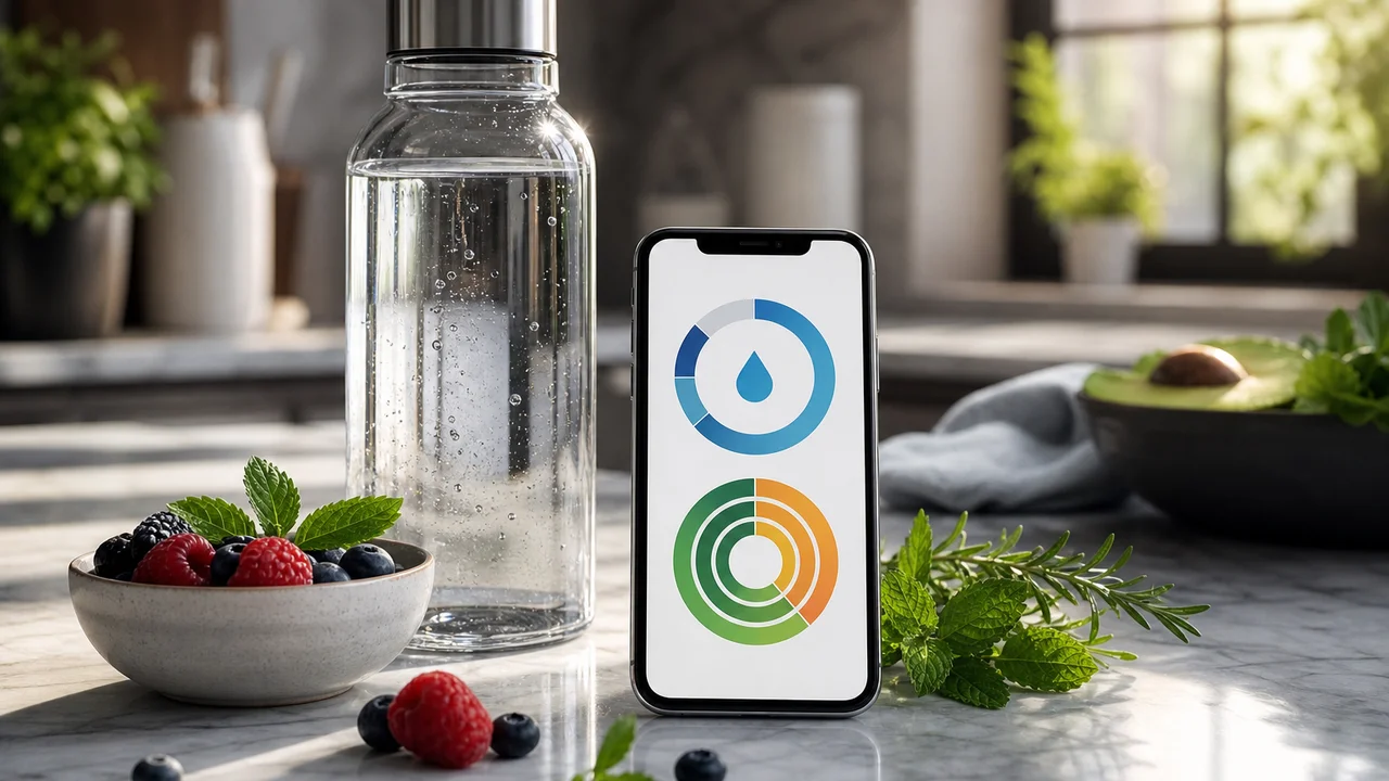Illustration cinématique d'une bouteille d'eau et d'un téléphone affichant l'hydratation et les macros sur l'écran du jour