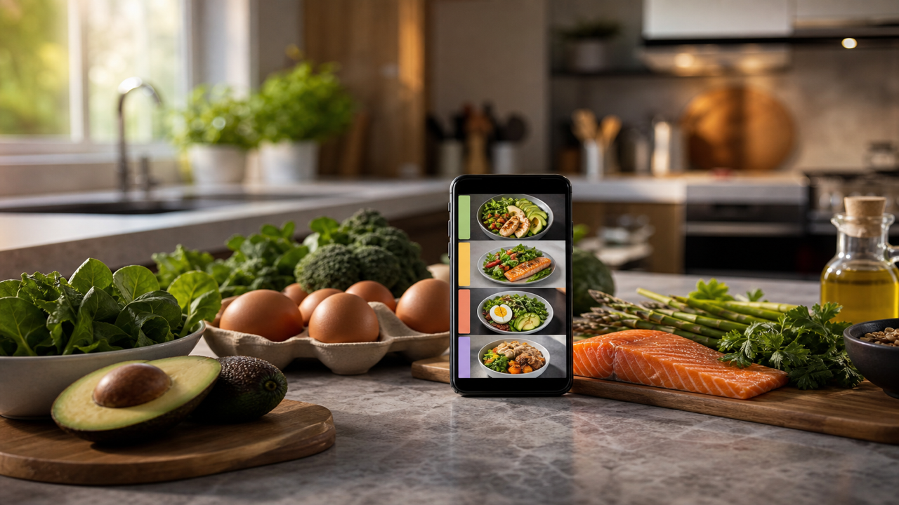 Küchentheke mit Handy, das einen bunten Keto-Tagesplan neben frischen Low-Carb-Zutaten zeigt