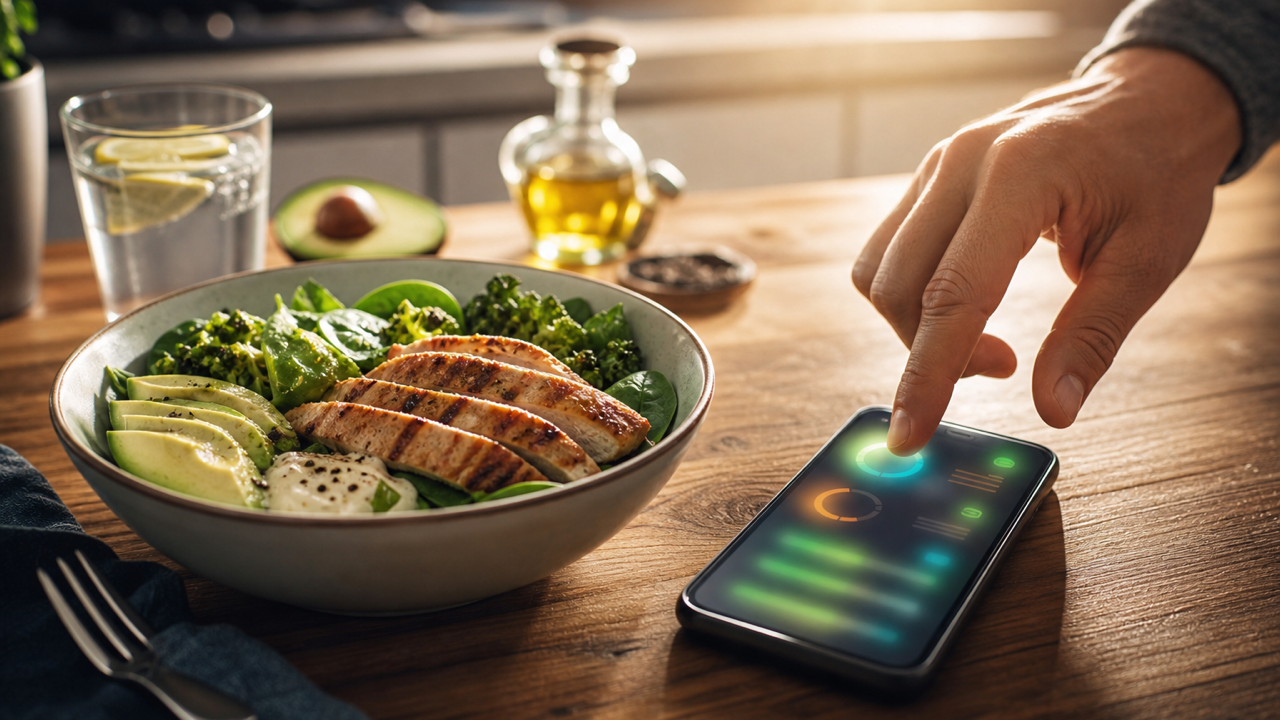 Cinematic illustration of a phone beside a keto lunch plate with macro numbers glowing softly on screen