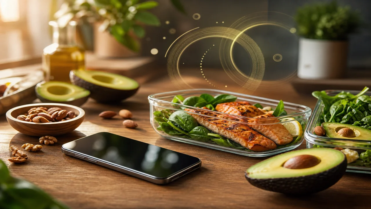 Cinematic illustration of a smartphone beside a keto meal prep spread with soft macro ring shapes in the background